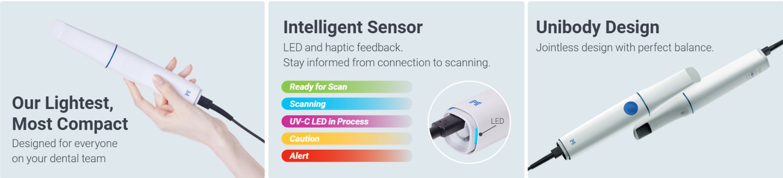 Medit i900 lightweight handpiece, intelligent LED sensor and unibody design