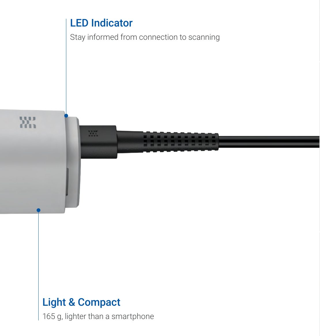 Medit iE LED status indicator and lightweight 165 g handpiece with detachable USB cable