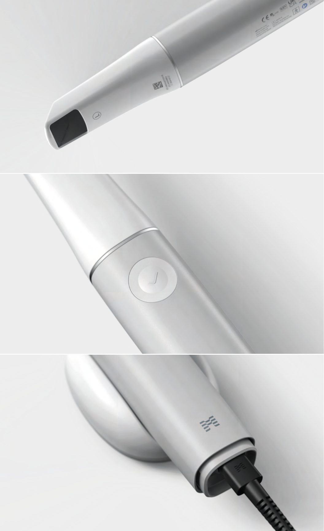 Medit iE intraoral scanner design close-ups: tip, scan button and cradle